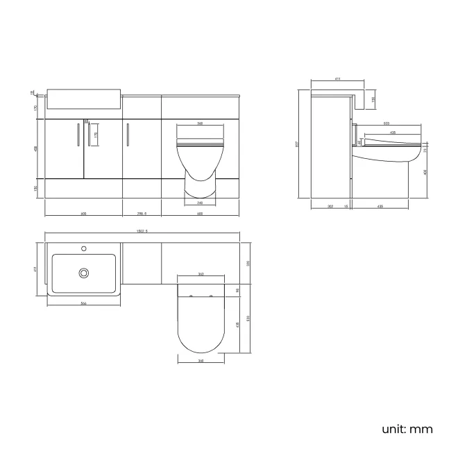 Harper Charcoal Elm Combination Vanity Basin and Aruba Toilet 1500mm - Black Accents