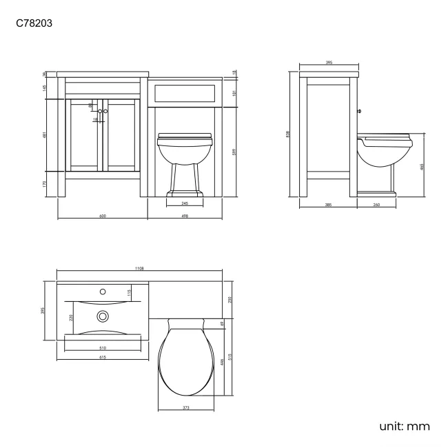 Bermuda Dove Grey Combination Vanity Basin and Hudson Toilet with Wooden Seat 1100mm