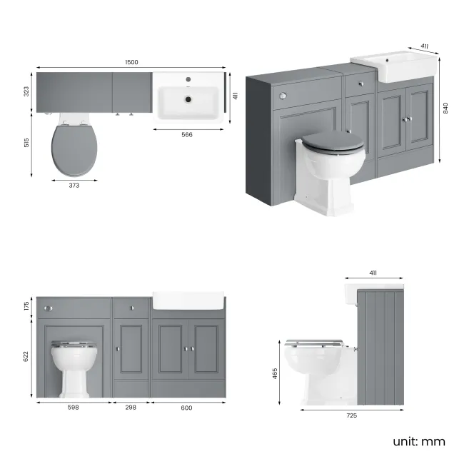 Monaco Dove Grey Combination Vanity Basin and Hudson Toilet with Wooden Seat 1500mm