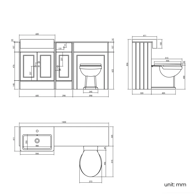 Monaco Dove Grey Combination Vanity Basin with Marble Top and Hudson Toilet with Wooden Seat 1500mm