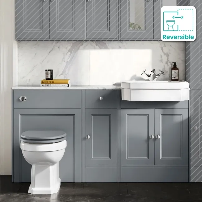 Monaco Dove Grey Combination Vanity Traditional Basin with Marble Top & Hudson Toilet with Wooden Seat 1500mm