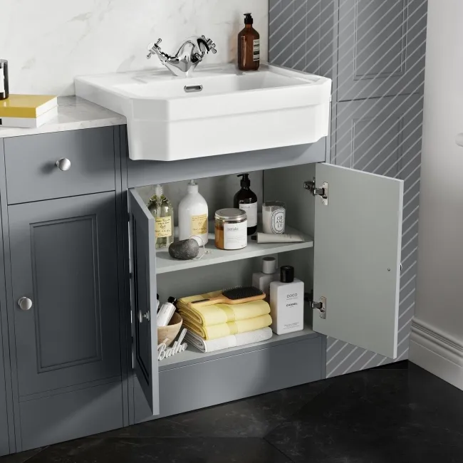 Monaco Dove Grey Combination Vanity Traditional Basin with Marble Top & Hudson Toilet with Wooden Seat 1500mm