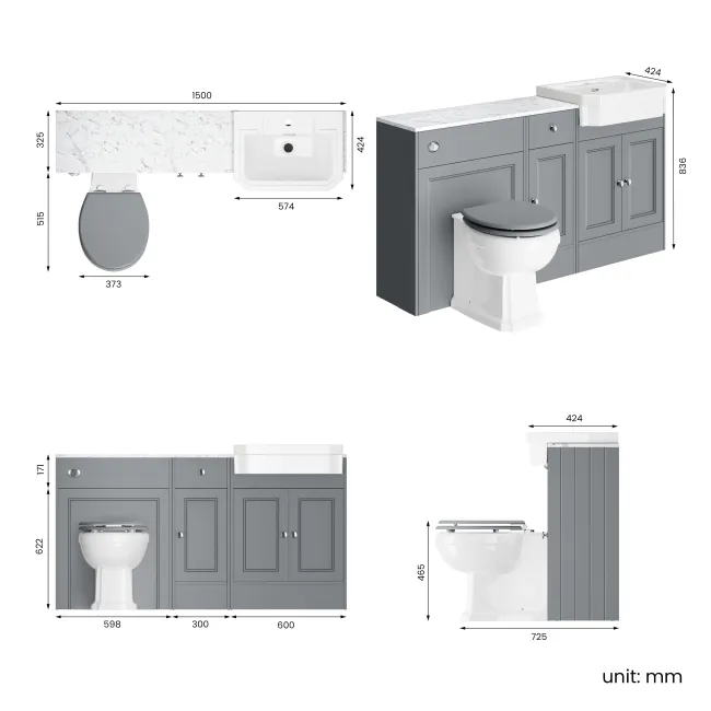 Monaco Dove Grey Combination Vanity Traditional Basin with Marble Top & Hudson Toilet with Wooden Seat 1500mm