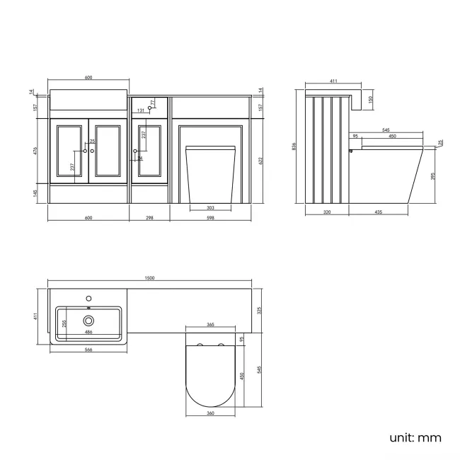 Monaco Graphite Grey Combination Vanity Basin with Marble Top and Boston Toilet 1500mm
