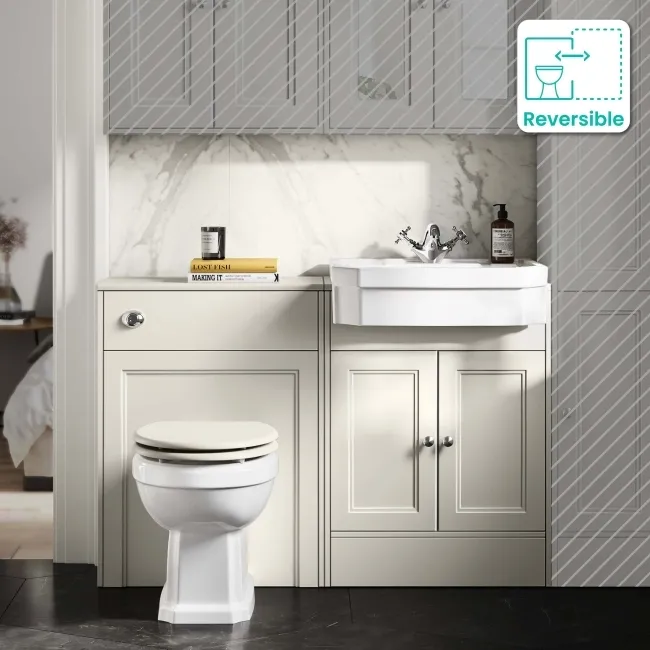 Monaco Chalk White Combination Vanity Traditional Basin and Hudson Toilet with Wooden Seat 1200mm