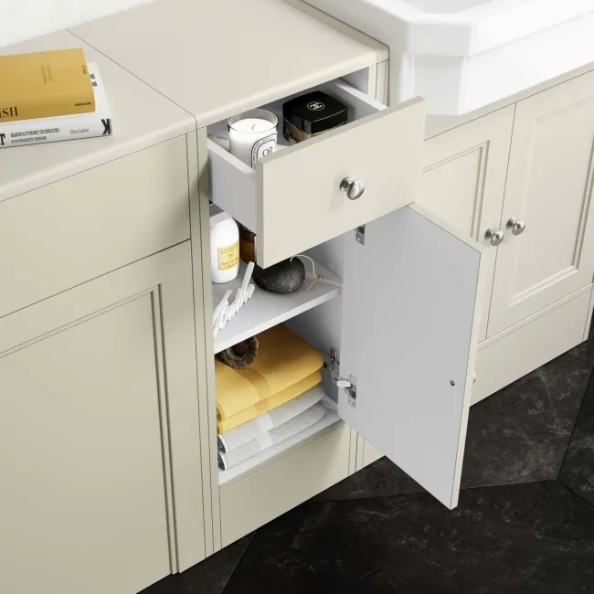 Monaco Chalk White Combination Vanity Traditional Basin and Hudson Toilet with Wooden Seat 1500mm