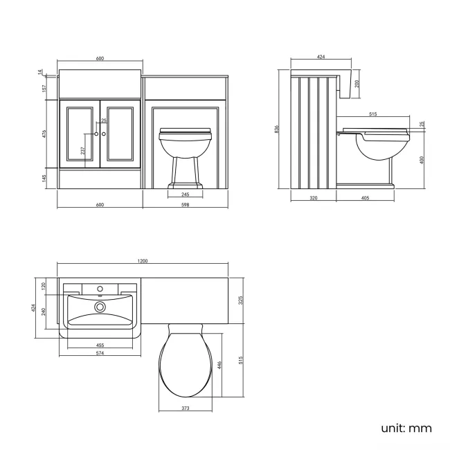 Monaco Graphite Grey Combination Vanity Traditional Basin with Marble Top & Hudson Toilet with Wooden Seat 1200mm