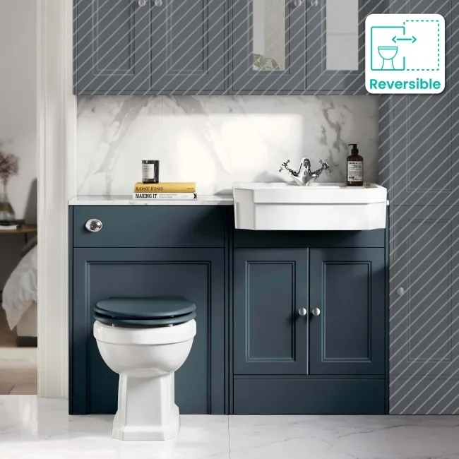 Monaco Inky Blue Combination Vanity Traditional Basin with Marble Top & Hudson Toilet with Wooden Seat 1200mm