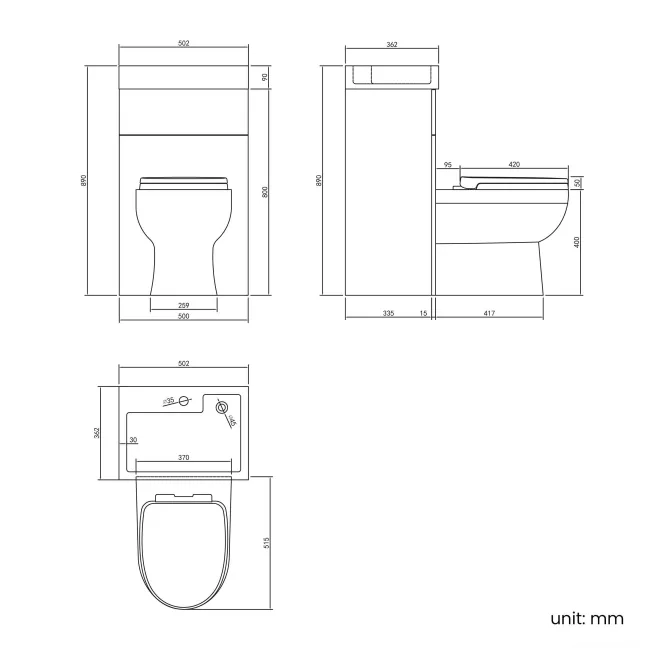 Ohio Gloss White 2-In-1 Combined Wash Basin & Seattle Toilet 500mm