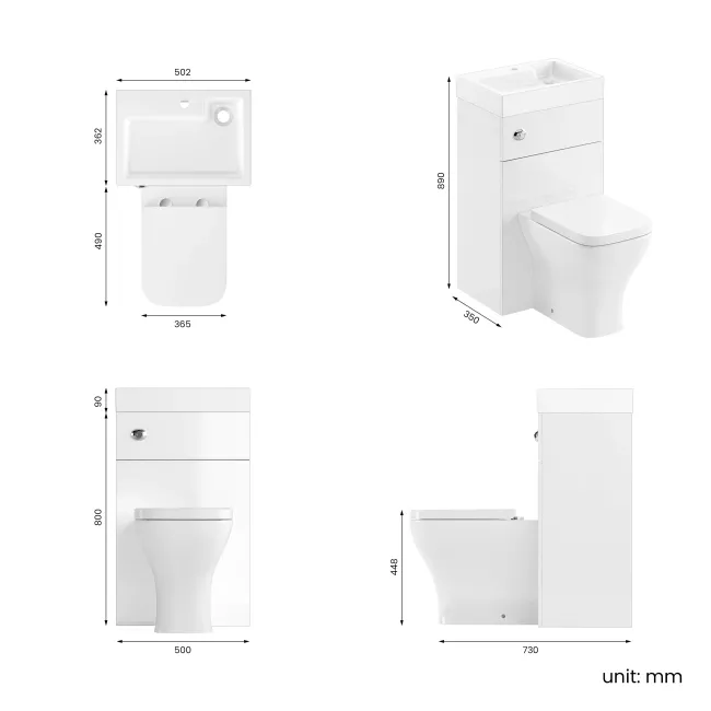 Ohio Gloss White 2-In-1 Combined Wash Basin & Atlanta Toilet 500mm