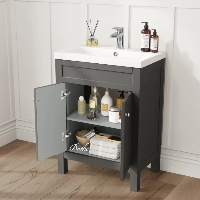 Bermuda Graphite Grey Combination Vanity Basin and Hudson Toilet with Wooden Seat 1100mm