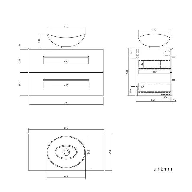 Elba Graphite Grey Wall Hung Drawer Vanity with Marble Top & Oval Counter Top Basin 800mm - Brushed Brass Accents