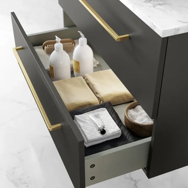 Elba Graphite Grey Wall Hung Drawer Vanity with Marble Top & Curved Counter Top Basin 800mm - Brushed Brass Accents