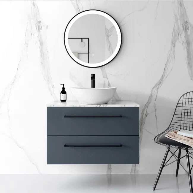 Elba Inky Blue Wall Hung Drawer Vanity with Marble Top & Oval Counter Top Basin 800mm - Black Accents