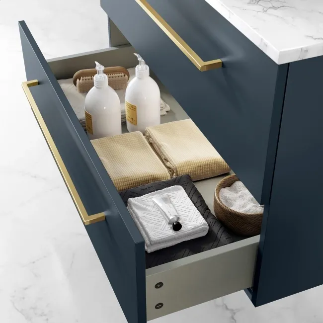Elba Inky Blue Wall Hung Drawer Vanity with Marble Top & Curved Counter Top Basin 800mm - Brushed Brass Accents
