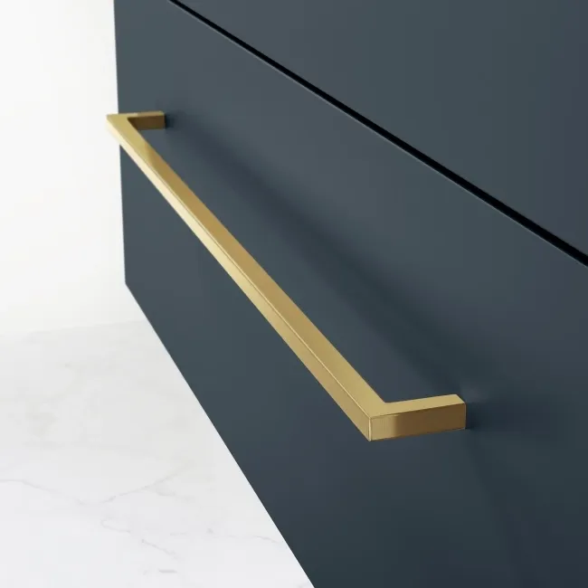 Elba Inky Blue Wall Hung Drawer Vanity with Marble Top & Curved Counter Top Basin 800mm - Brushed Brass Accents