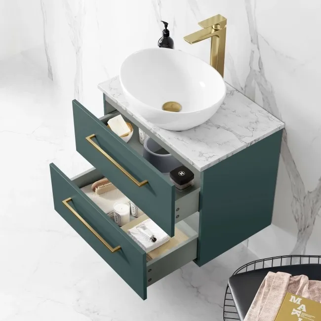 Elba Midnight Green Wall Hung Drawer Vanity with Marble Top & Oval Counter Top Basin 600mm - Brushed Brass Accents