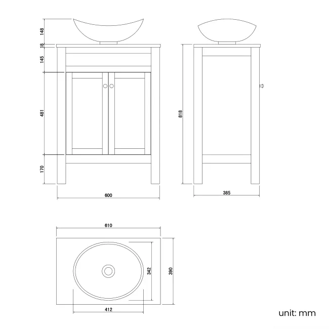 Bermuda Dove Grey Vanity with Oval Counter Top Basin 600mm - Brushed Brass Accents