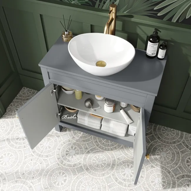 Bermuda Dove Grey Vanity with Oval Counter Top Basin 800mm - Brushed Brass Accents