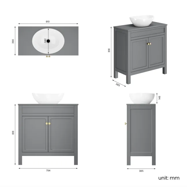 Bermuda Dove Grey Vanity with Oval Counter Top Basin 800mm - Brushed Brass Accents