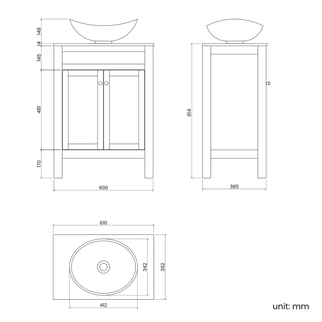 Bermuda Dove Grey Vanity with Marble Top & Oval Counter Top Basin 600mm - Brushed Brass Accents