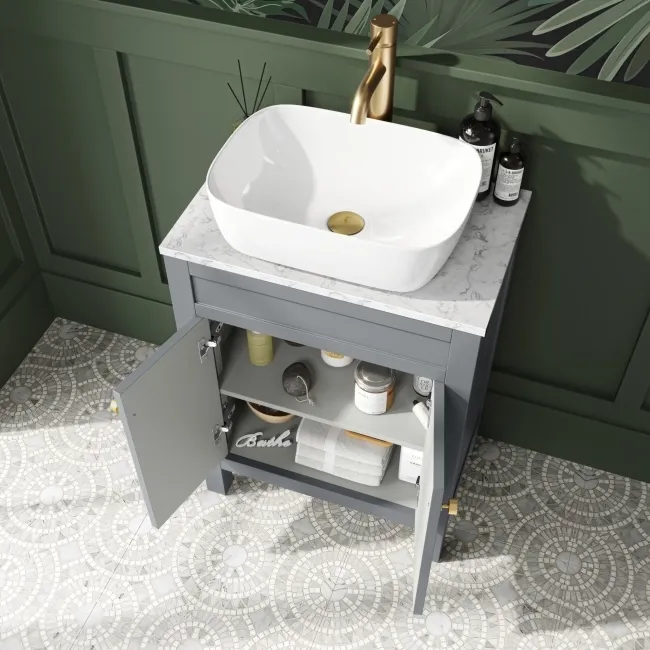Bermuda Dove Grey Vanity with Marble Top & Curved Counter Top Basin 600mm - Brushed Brass Accents