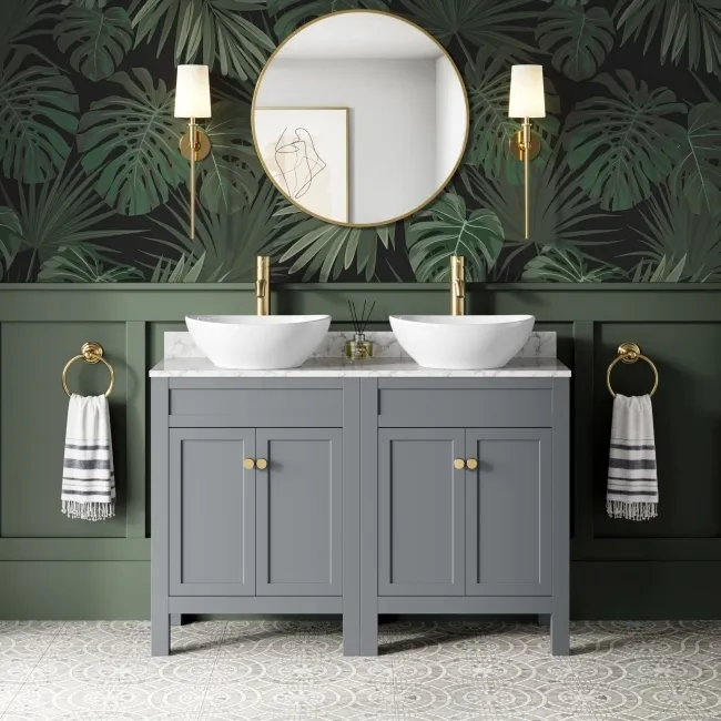 Bermuda Dove Grey Vanity with Marble Top & Oval Counter Top Basin 1200mm - Brushed Brass Accents