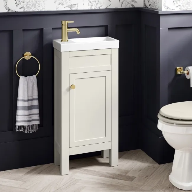 Bermuda Chalk White Cloakroom Basin Vanity 400mm - Brushed Brass Accents