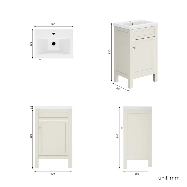 Bermuda Chalk White Basin Vanity 500mm - Brushed Brass Accents