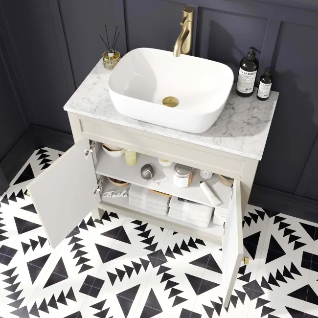 Bermuda Chalk White Vanity with Marble Top & Curved Counter Top Basin 800mm - Brushed Brass Accents