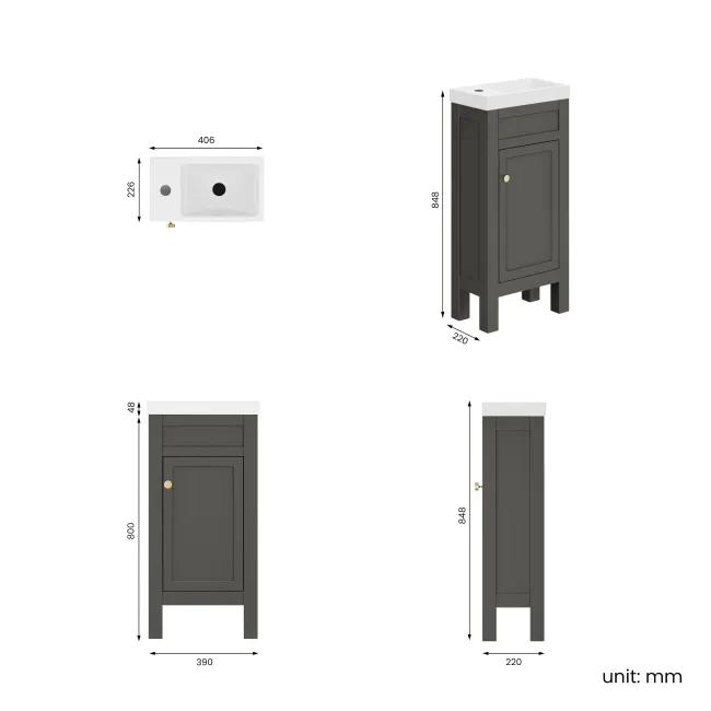 Bermuda Graphite Grey Cloakroom Basin Vanity 400mm - Brushed Brass Accents