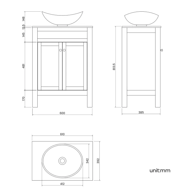 Bermuda Graphite Grey Vanity with Marble Top & Oval Counter Top Basin 600mm - Brushed Brass Accents