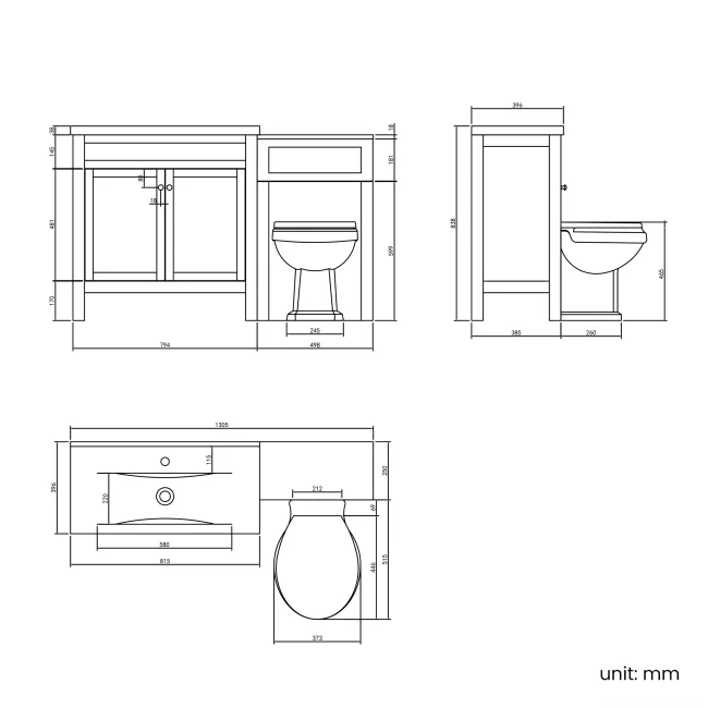 Bermuda Inky Blue Combination Vanity Basin and Hudson Toilet with Wooden Seat 1300mm