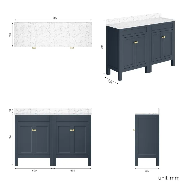 Bermuda Inky Blue Cabinet with Marble Top 1200mm Excludes Counter Top Basins - Brushed Brass Accents