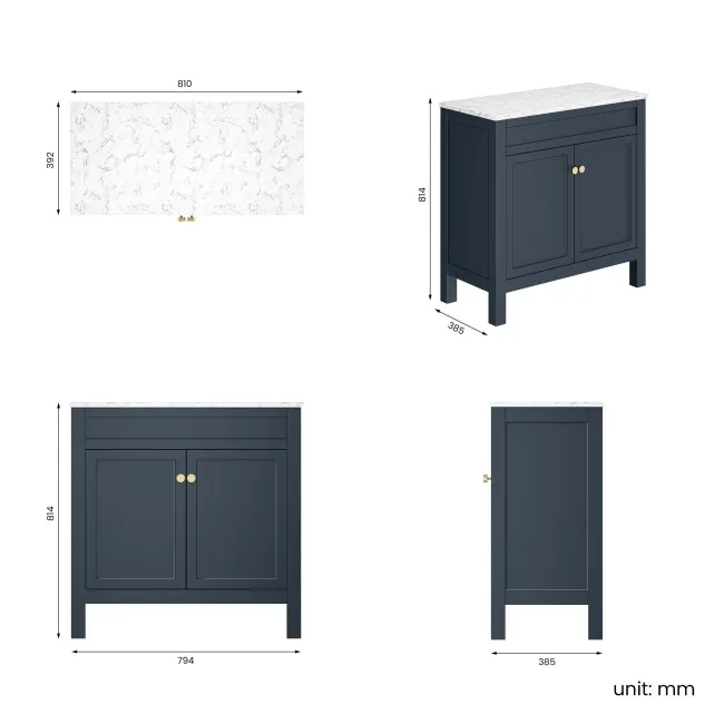 Bermuda Inky Blue Cabinet with Marble Top 800mm Excludes Counter Top Basin - Brushed Brass Accents