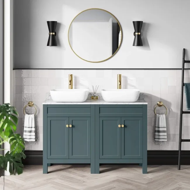 Bermuda Midnight Green Vanity with Marble Top & Curved Counter Top Basin 1200mm - Brushed Brass Accents