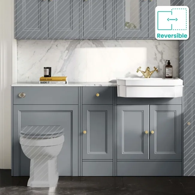 Monaco Dove Grey Combination Vanity Traditional Basin with Marble Top 1500mm (Excludes Pan & Cistern) - Brushed Brass Accents