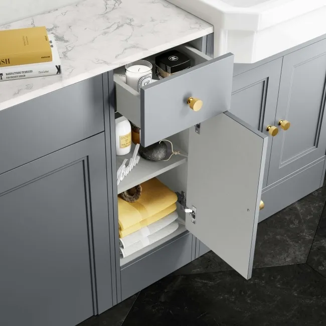 Monaco Dove Grey Combination Vanity Traditional Basin with Marble Top 1500mm (Excludes Pan & Cistern) - Brushed Brass Accents