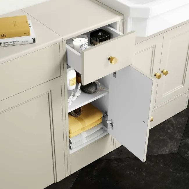 Monaco Chalk White Combination Vanity Traditional Basin 1500mm (Excludes Pan & Cistern) - Brushed Brass Accents