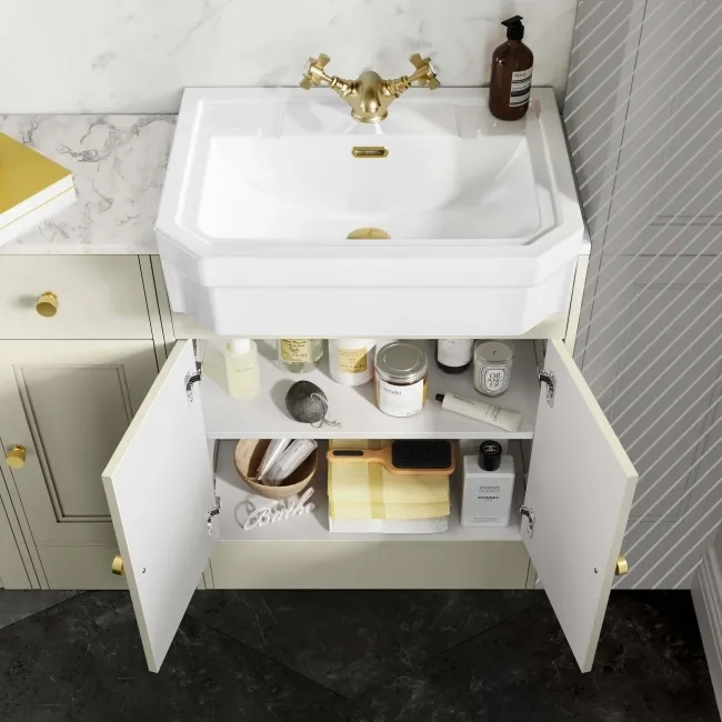 Monaco Chalk White Combination Vanity Traditional Basin with Marble Top 1500mm (Excludes Pan & Cistern) - Brushed Brass Accents