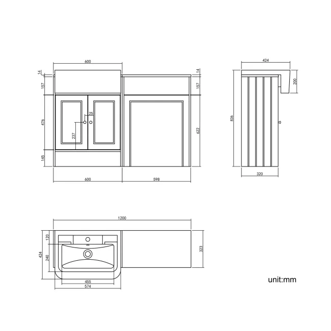 Monaco Graphite Grey Combination Vanity Traditional Basin with Marble Top 1200mm (Excludes Pan & Cistern) - Brushed Brass Accents