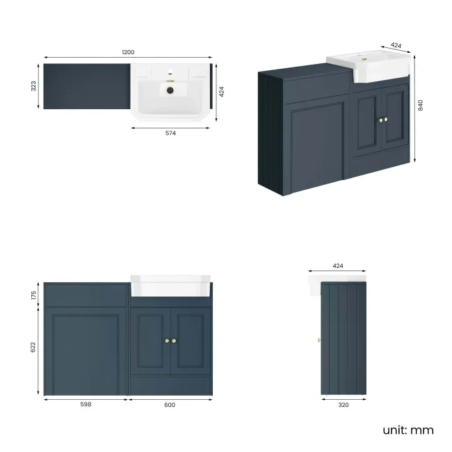 Monaco Inky Blue Traditional Basin Vanity and Back To Wall Unit 1200mm (Excludes Pan & Cistern) - Brushed Brass Accents