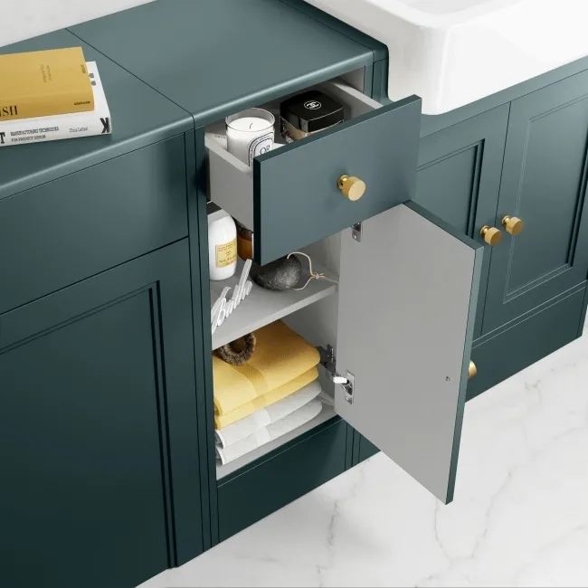 Monaco Midnight Green Basin Vanity and Back To Wall Unit 1500mm (Excludes Pan & Cistern) - Brushed Brass Accents