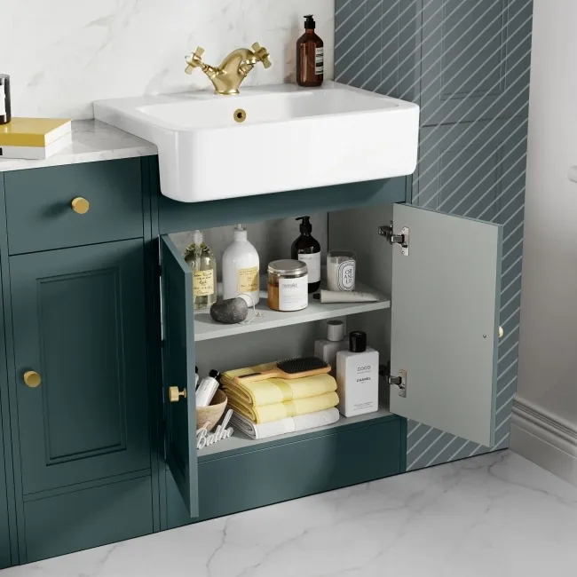 Monaco Midnight Green Combination Vanity Basin with Marble Top 1500mm (Excludes Pan & Cistern) - Brushed Brass Accents