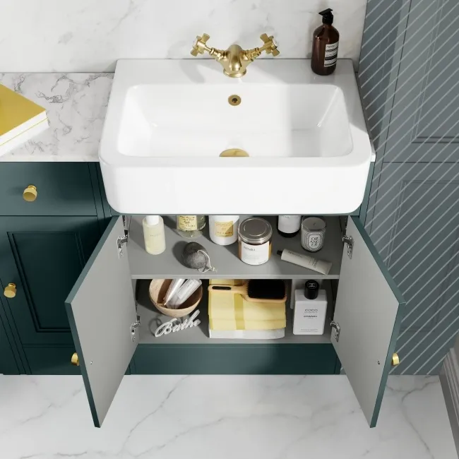 Monaco Midnight Green Combination Vanity Basin with Marble Top 1500mm (Excludes Pan & Cistern) - Brushed Brass Accents