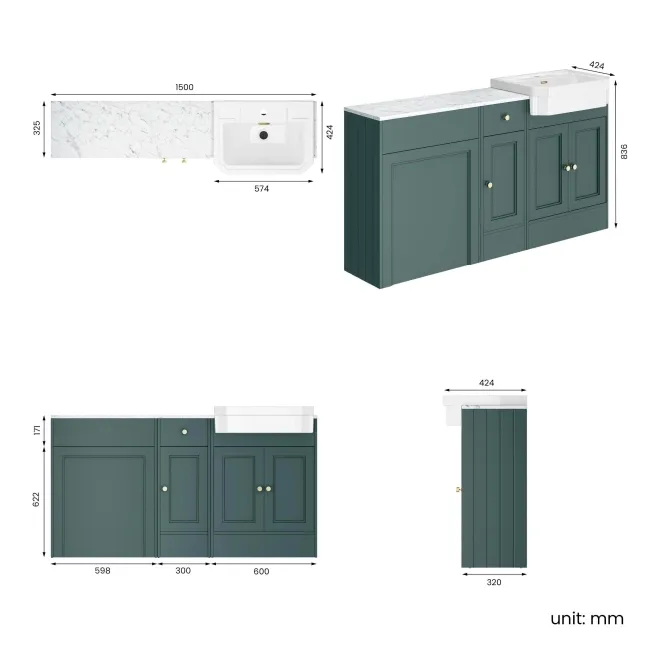 Monaco Midnight Green Combination Vanity Traditional Basin with Marble Top 1500mm (Excludes Pan & Cistern) - Brushed Brass Accents
