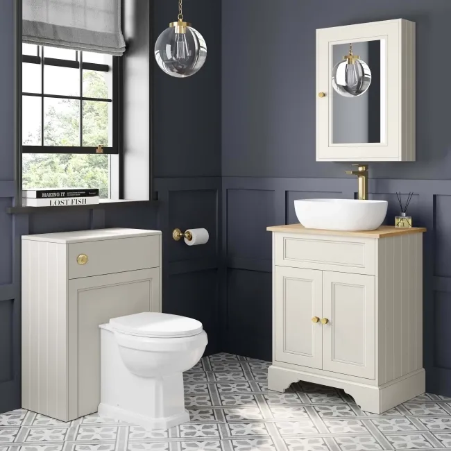Lucia Chalk White Vanity with Oak Effect Top & Curved Counter Top Basin 640mm - Brushed Brass Accents