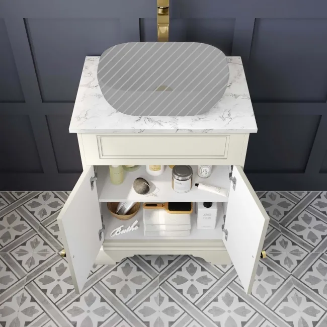 Lucia Chalk White Cabinet with Marble Top 640mm (Excludes Counter Top Basin) - Brushed Brass Accents