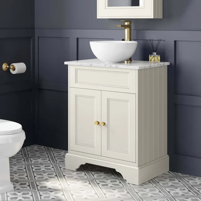 Lucia Chalk White Vanity with Marble Top & Round Counter Top Basin 640mm - Brushed Brass Accents