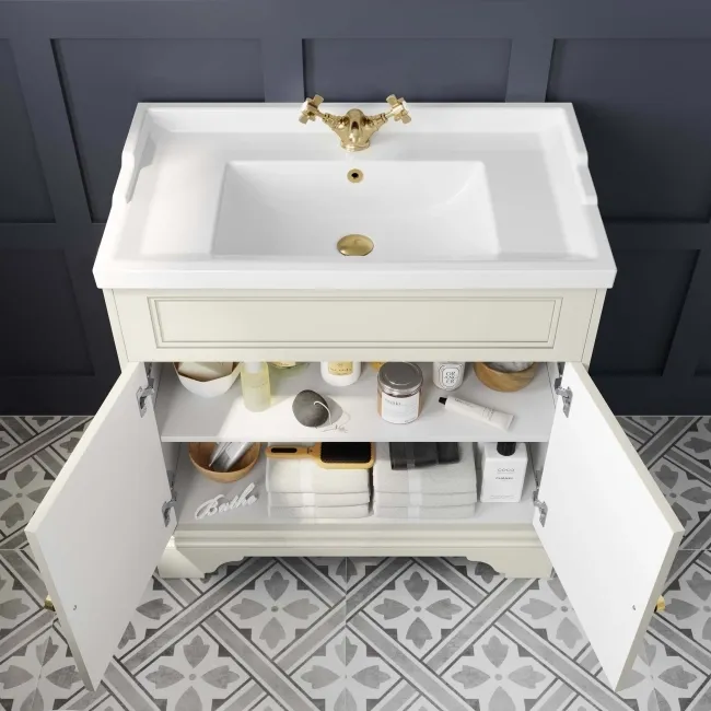 Lucia Chalk White Basin Vanity 830mm - Brushed Brass Accents